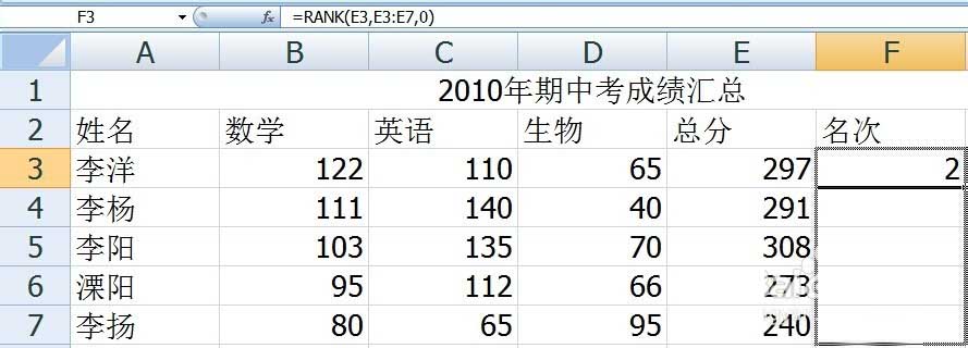 Excel怎么单独填写一列名次