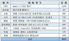 8000元i7-7700K配GTX1070主机配置推荐