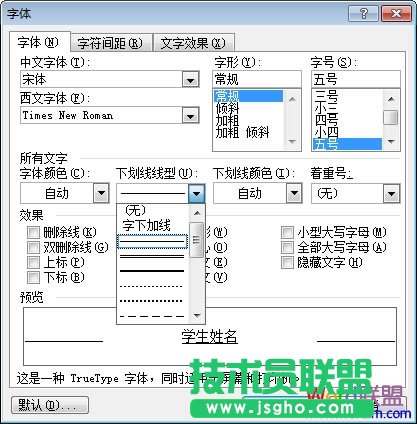 字体中选择下划线样式
