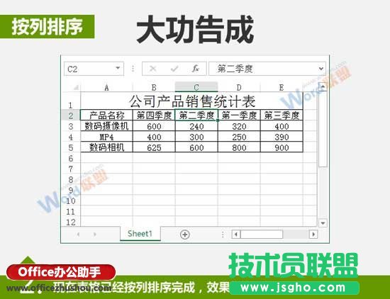 Excel中数据按行和按列排序的方法