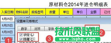在【保护】选项卡下，勾选【锁定】和【隐藏】复选框：