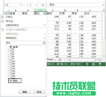 勾选“(空白)”复选框