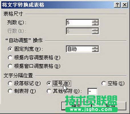 “将文字转换成表格”对话框