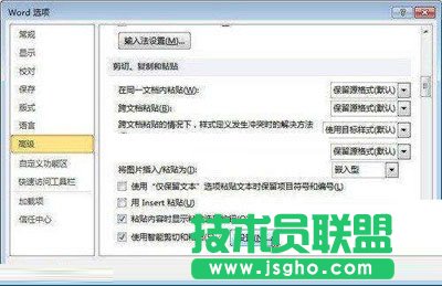 剪切、复制和粘贴”设置选项